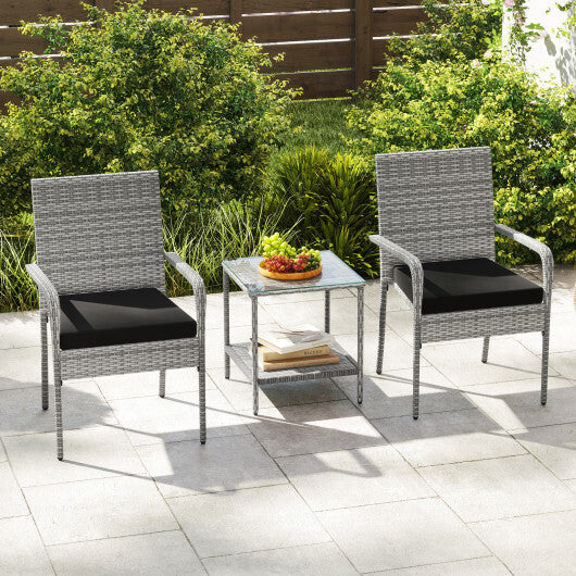 3 Piece Patio Furniture Set with Seat Cushions and Tempered Glass Tabletop for Balcony-White W2B