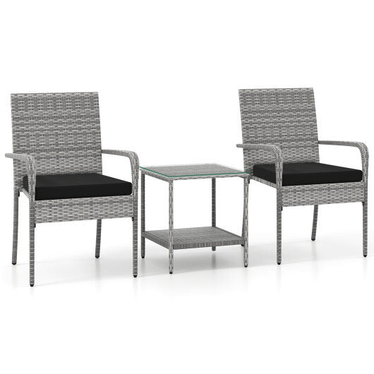 3 Piece Patio Furniture Set with Seat Cushions and Tempered Glass Tabletop for Balcony-White W2B