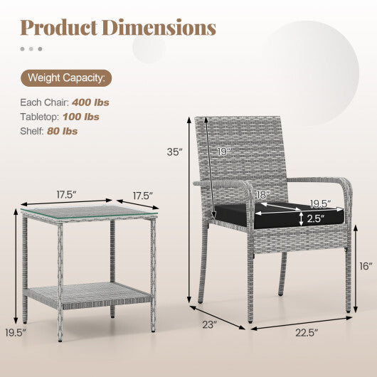 3 Piece Patio Furniture Set with Seat Cushions and Tempered Glass Tabletop for Balcony-White W2B