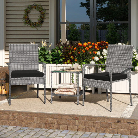 3 Piece Patio Furniture Set with Seat Cushions and Tempered Glass Tabletop for Balcony-White W2B