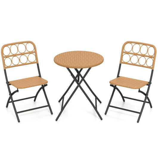 3 Piece Patio Bistro Set Folding Round Table and Chairs with Wicker Seat W2B