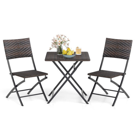 3 Piece Rattan Bistro Set Outdoor Folding Dining Table and Chairs with Wicker Seat