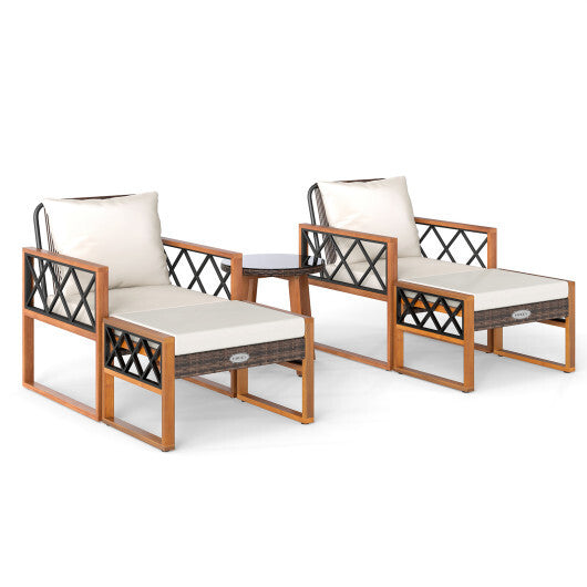 5 Pieces Patio Furniture Set PE Rattan Outdoor Conversation Set with Acacia Wood