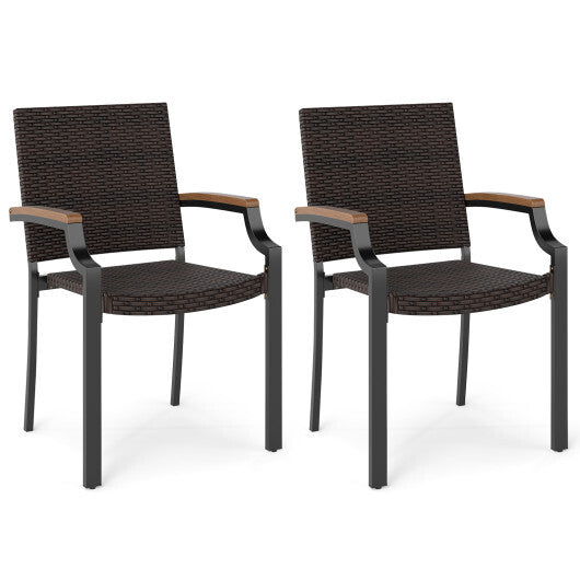Stacking Wicker Chairs Set of 2 Patio Rattan Dining Chairs with Acacia Wood Armrests