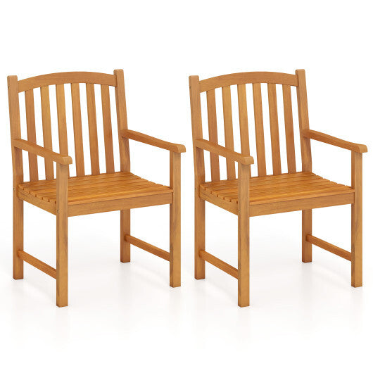 Solid Acacia Wood Patio Chairs Set of 2 with Slatted Seat and Inclined Backrest for Porch