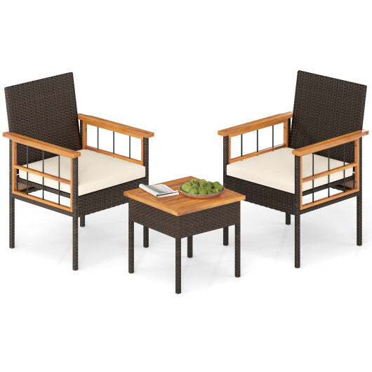 3 Piece Wicker Furniture Set with Acacia Wood Tabletop and Armrest for Balcony-White W2B
