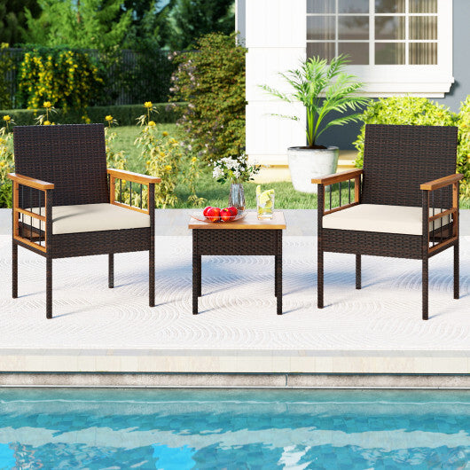 3 Piece Wicker Furniture Set with Acacia Wood Tabletop and Armrest for Balcony-White W2B