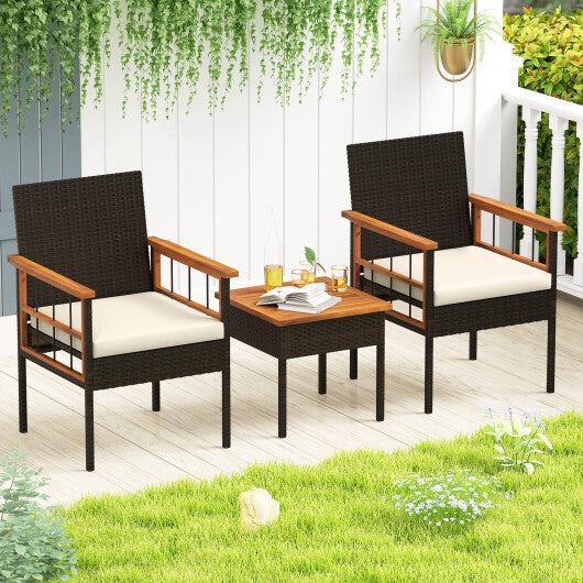 3 Piece Wicker Furniture Set with Acacia Wood Tabletop and Armrest for Balcony-White W2B