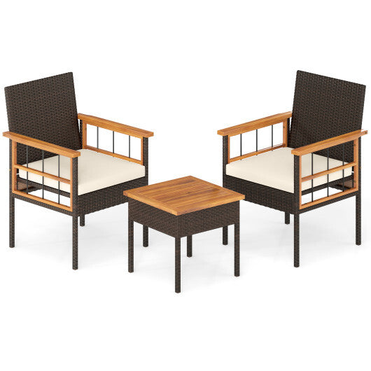 3 Piece Wicker Furniture Set with Acacia Wood Tabletop and Armrest for Balcony-White W2B