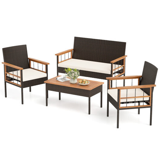 4 Pieces Wicker Furniture Set with Acacia Wood Tabletop and Armrests for Porch-White W2B