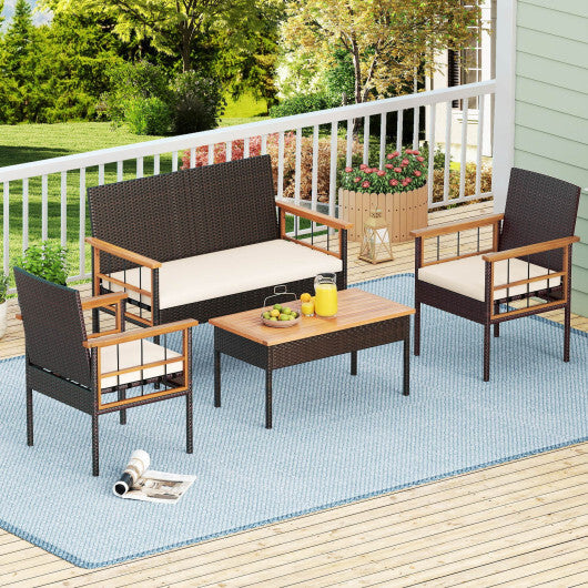 4 Pieces Wicker Furniture Set with Acacia Wood Tabletop and Armrests for Porch-White W2B
