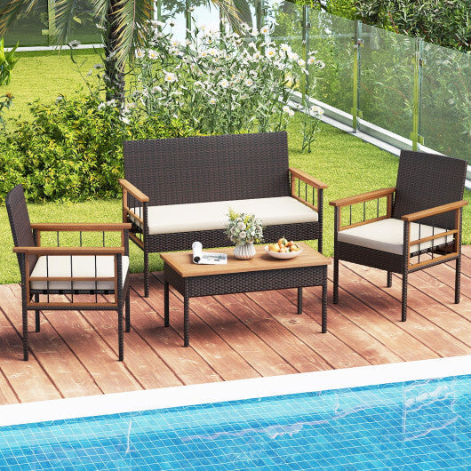 4 Pieces Wicker Furniture Set with Acacia Wood Tabletop and Armrests for Porch-White W2B