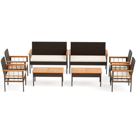 4 Pieces Wicker Furniture Set with Acacia Wood Tabletop and Armrests for Porch-White W2B