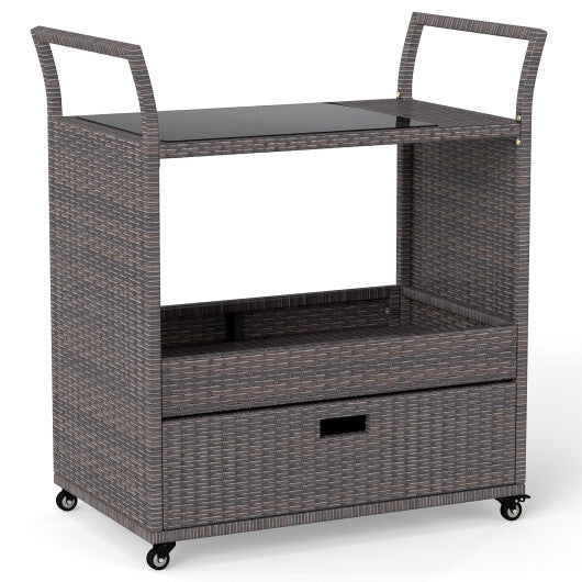 Outdoor Wicker Bar Cart Table with Tempered Glass Top W2B