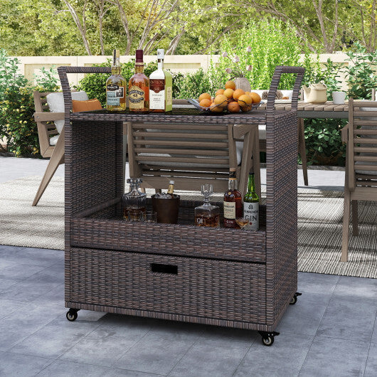 Outdoor Wicker Bar Cart Table with Tempered Glass Top W2B