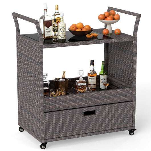 Outdoor Wicker Bar Cart Table with Tempered Glass Top W2B