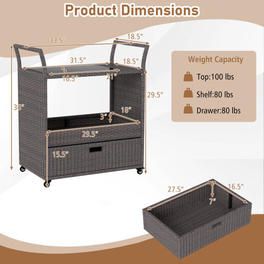 Outdoor Wicker Bar Cart Table with Tempered Glass Top W2B