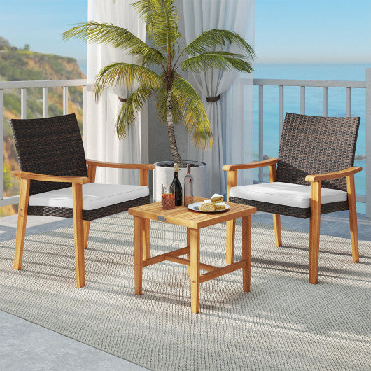 3 Pieces Patio PE Wicker Furniture Set Acacia Wood Outdoor Conversation Bistro Set-White