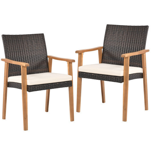PE Rattan Outdoor Patio Dining Chair Set of 2 with Removable Cushion and Acacia Wood Armrests-White