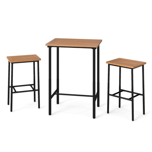 3 Pieces Acacia Wood Patio Bar Set Rectangular Table with Metal Frame W2B