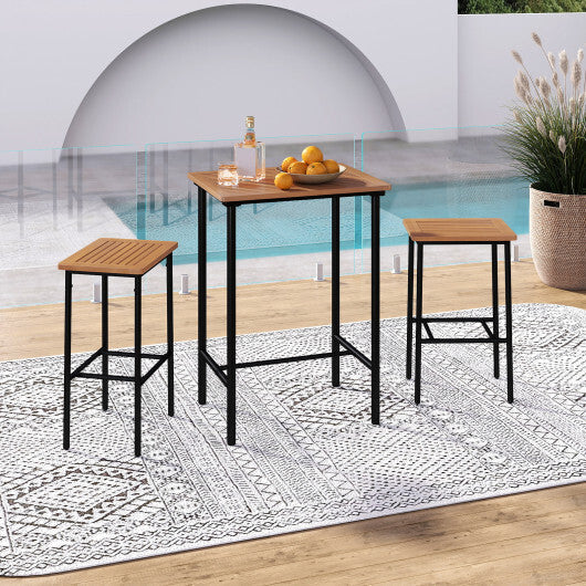 3 Pieces Acacia Wood Patio Bar Set Rectangular Table with Metal Frame W2B