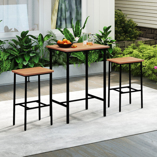 3 Pieces Acacia Wood Patio Bar Set Rectangular Table with Metal Frame W2B