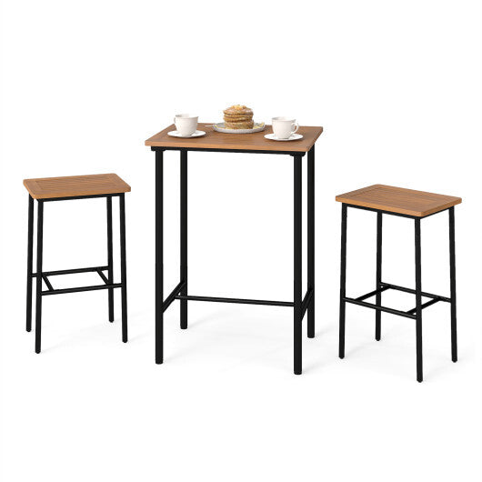 3 Pieces Acacia Wood Patio Bar Set Rectangular Table with Metal Frame W2B