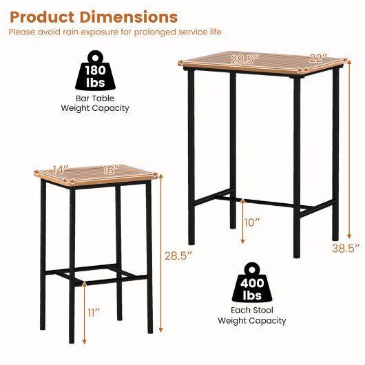 3 Pieces Acacia Wood Patio Bar Set Rectangular Table with Metal Frame W2B