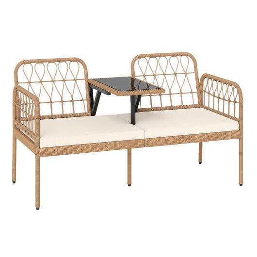 2-Seat PE Rattan Outdoor Loveseat with Built-in Coffee Table and Soft Cushions-White W2B