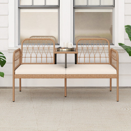 2-Seat PE Rattan Outdoor Loveseat with Built-in Coffee Table and Soft Cushions-White W2B