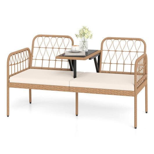 2-Seat PE Rattan Outdoor Loveseat with Built-in Coffee Table and Soft Cushions-White W2B