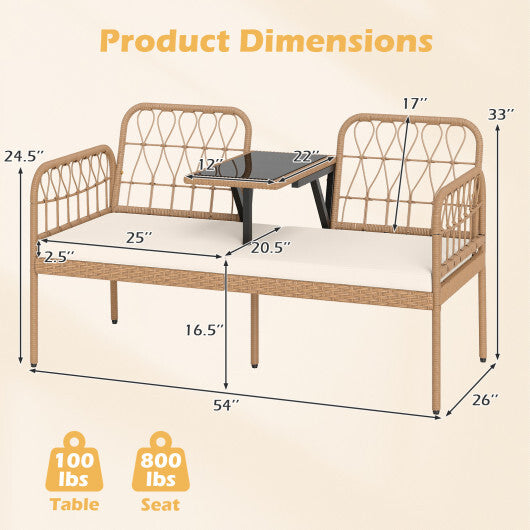 2-Seat PE Rattan Outdoor Loveseat with Built-in Coffee Table and Soft Cushions-White W2B