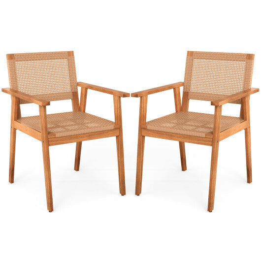Acacia Wood Outdoor Dining Chairs Set of 2 PE Rattan Patio Chairs with Backrests and Armrests W2B