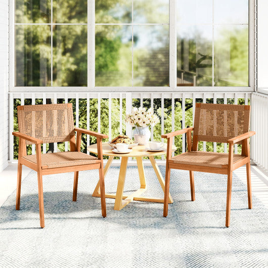 Acacia Wood Outdoor Dining Chairs Set of 2 PE Rattan Patio Chairs with Backrests and Armrests W2B