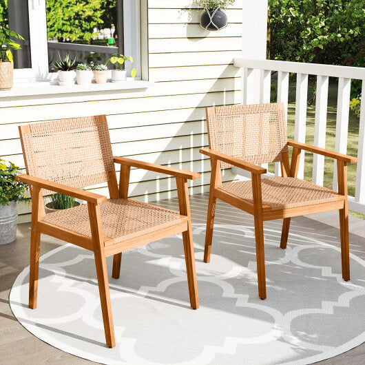 Acacia Wood Outdoor Dining Chairs Set of 2 PE Rattan Patio Chairs with Backrests and Armrests W2B