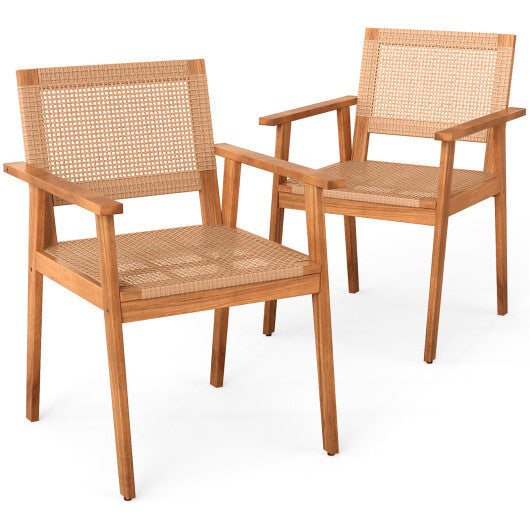 Acacia Wood Outdoor Dining Chairs Set of 2 PE Rattan Patio Chairs with Backrests and Armrests W2B