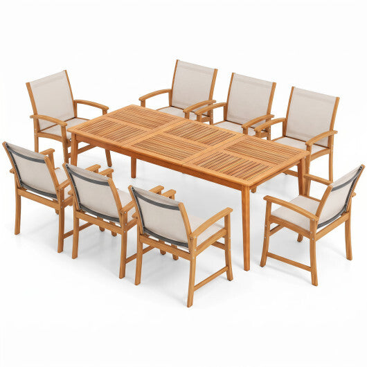 9-Piece Acacia Wood Outdoor Patio Dining Set with 80" Rectangular Table and Breathable Fabric Armchairs-Yellow W2B