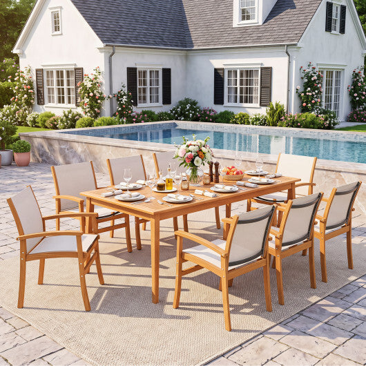 9-Piece Acacia Wood Outdoor Patio Dining Set with 80" Rectangular Table and Breathable Fabric Armchairs-Yellow W2B