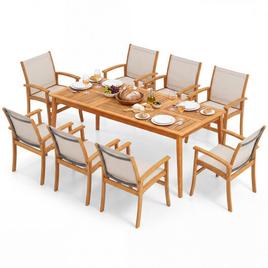 9-Piece Acacia Wood Outdoor Patio Dining Set with 80" Rectangular Table and Breathable Fabric Armchairs-Yellow W2B