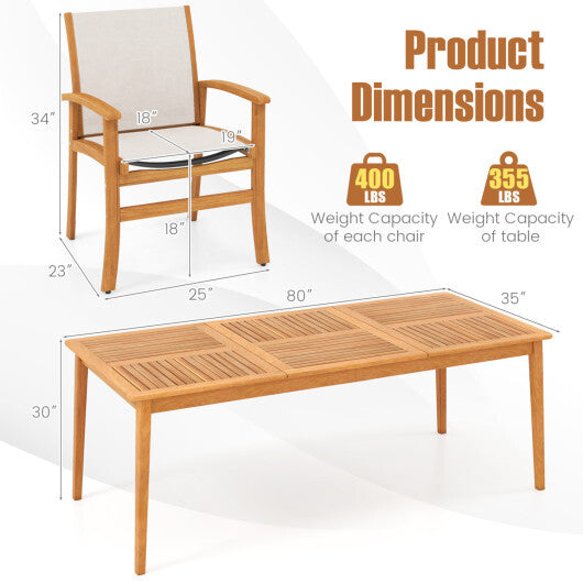 9-Piece Acacia Wood Outdoor Patio Dining Set with 80" Rectangular Table and Breathable Fabric Armchairs-Yellow W2B