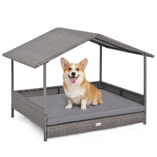 Wicker Dog House Elevated PE Rattan Dog Bed with Canopy-Gray W2B