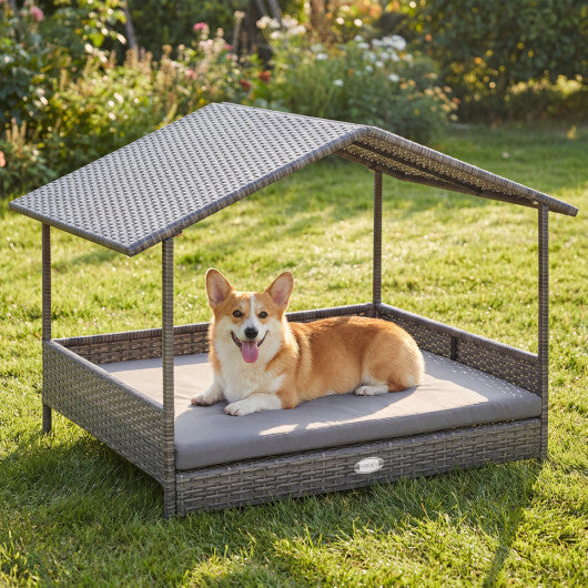 Wicker Dog House Elevated PE Rattan Dog Bed with Canopy-Gray W2B