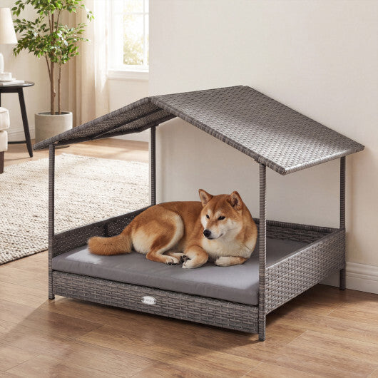 Wicker Dog House Elevated PE Rattan Dog Bed with Canopy-Gray W2B
