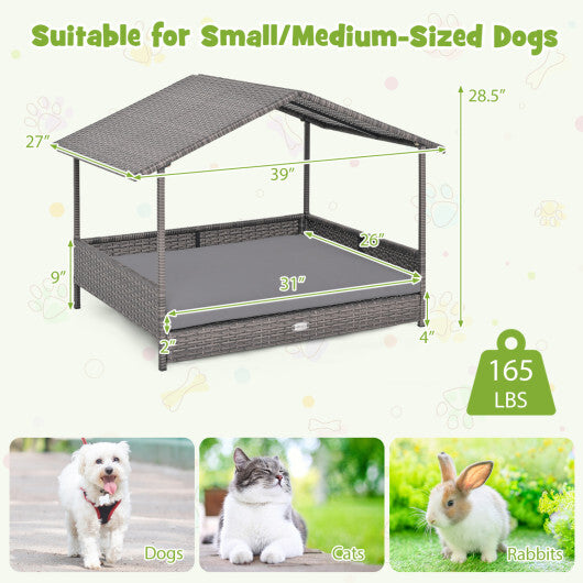 Wicker Dog House Elevated PE Rattan Dog Bed with Canopy-Gray W2B