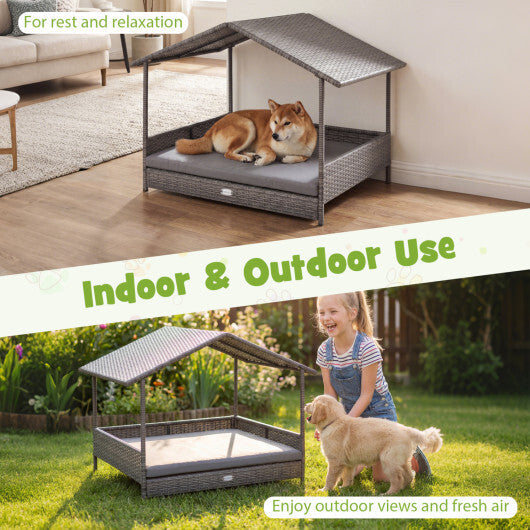 Wicker Dog House Elevated PE Rattan Dog Bed with Canopy-Gray W2B