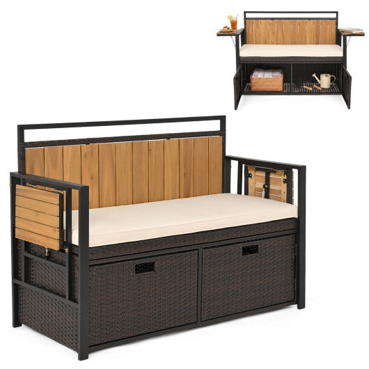 Outdoor Storage Bench with 2 Side Tables and 2-Seater Bench Seat W2B