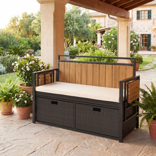 Outdoor Storage Bench with 2 Side Tables and 2-Seater Bench Seat W2B
