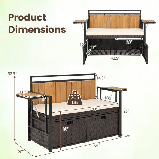 Outdoor Storage Bench with 2 Side Tables and 2-Seater Bench Seat W2B