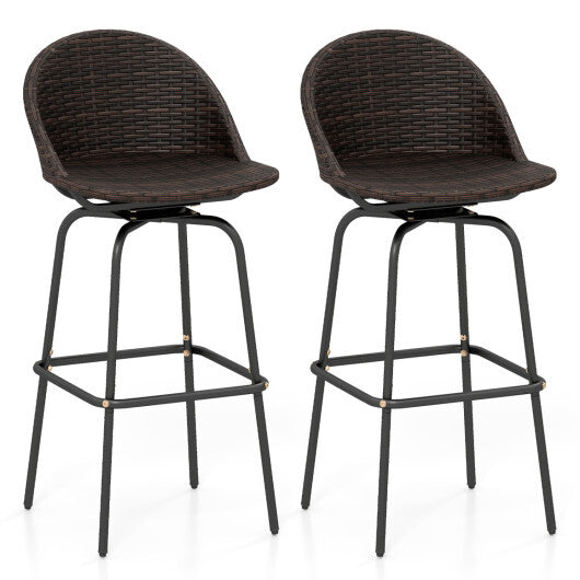 Set of 2 Patio Swivel Bar Stools with Rattan Seat 400 LBS for Garden-Brown W2B