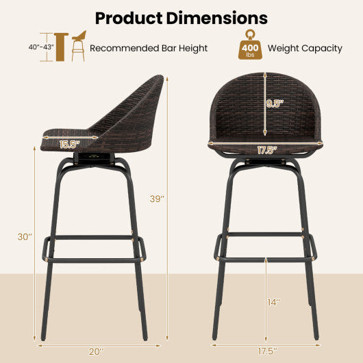 Set of 2 Patio Swivel Bar Stools with Rattan Seat 400 LBS for Garden-Brown W2B